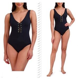 BCBGMAXAZRIA One Piece Swimsuit Lace Up Grommet Tummy Control Black Size Small